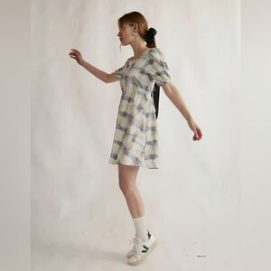 Damson Madder Ghost Check Puff Mini Dress Tie Back Cotton Blue, Size L